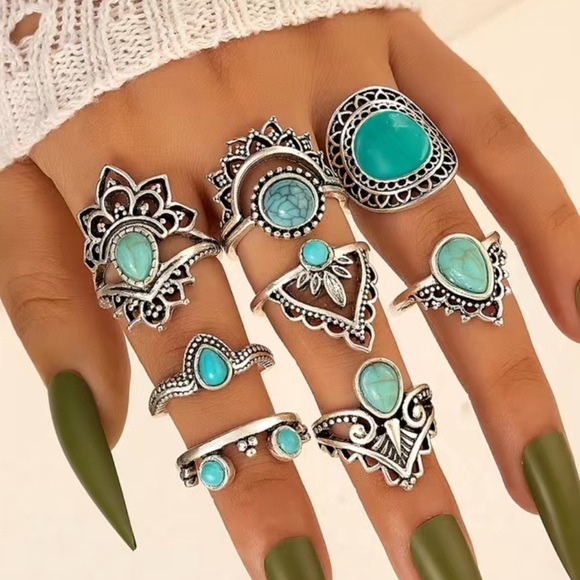 Boho Turquoise Gemstone Geometric Ring Set 8pc - Picture 1 of 5
